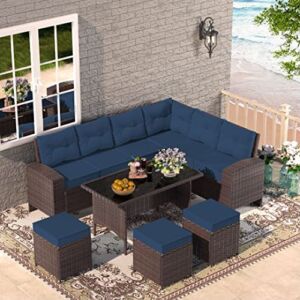 RTDTD Outdoor Patio Furniture Set,7 Pieces Outdoor Sectional Dining Set,All Weather PE Rattan Patio Dining Furniture Set,High-Back Outdoor Furniture with High Table&Ottoman,Dark Blue
