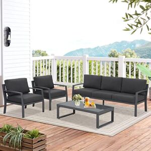 Aluminum Patio Furniture Set, 4 Pcs Patio Sectional Conversation Chat Sofa Seating Set, Modern Metal Outdoor Sectional Sofa with Coffee Table and Cushion for Backyard Balcony Garden, Dark Grey