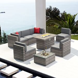 Aoxun 8PCS Patio Furniture Set with 44″ Fire Pit Table Outdoor Sectional Sofa Set Wicker Furniture Set with Coffee Table (Grey Wicker)