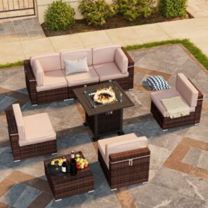 Amopatio 8 Pieces Patio Furniture Set Outdoor with Gas Fire Pit Table, PE Wicker Pit Conversation Set, 32″ Gas Fire Patio Sectional Furniture with Khaki Cushions, Coffee Table, 2 Waterproof