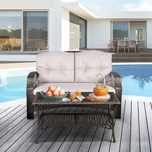 Wicker Conversation Set Outdoor Furniture Sets Clearance Small Patio Furniture Set with Tempered Glass Coffee Table Rattan Sofa Sets for Garden, Backyard, Poolside
