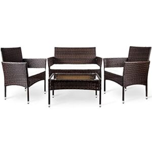 ZLXDP 4Pcs Outdoor Garden Patio Furniture Set Rattan Include 1 2-Seat Sofa+2 Arm Chairs+1 Tea Table Brown w/White Cushion