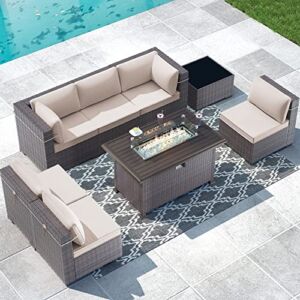 Gotland 8 Piece Outdoor Patio Furniture Set with Gas Fire Pit Table Patio Furniture Sectional Sofa w/43in Propane Fire Pit, 55,000 BTU Auto-Ignition Firepit w/Glass Wind Guard