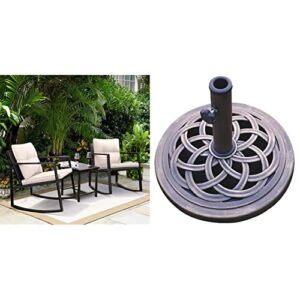 Greesum 3 Pieces Rocking Wicker Bistro Set, Patio Outdoor Furniture Conversation Sets, Beige & DC America UBP18181-BR 18-Inch Cast Stone Umbrella Base, Made from Rust Free Composite Materials