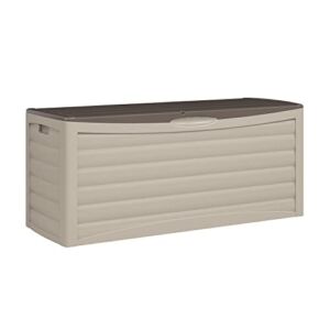Suncast Resin 103-Gallon Large Storage Box with Wheels-Outdoor Bin for Gardening Tools, Seat Cushions, and Other Accessories, Store Items on Deck, Patio, Backyard, Taupe