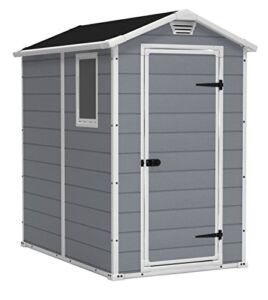 KETER Manor 4×6 Resin Outdoor Storage Shed Kit-Perfect to Store Patio Furniture, Garden Tools Bike Accessories, Beach Chairs and Lawn Mower, Grey & White