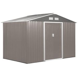 Outsunny 9′ x 6′ Metal Storage Shed Garden Tool House with Double Sliding Doors, 4 Air Vents for Backyard, Patio, Lawn Grey