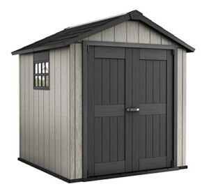 Keter Oakland 7.5 x 7 Outdoor Duotech Storage Shed, Paintable with Window and Skylight, Grey