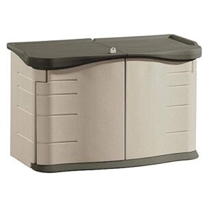 Rubbermaid Portable Outdoor Split Lid Resin Shed with Locking Lid and Impact-Resistant Floor, Olive and Sandstone