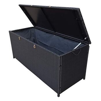 Charcoal Black Indoor and Outdoor Balcony Patio Deck Porch Pool 113 Gallon Wicker Storage Box Trunk Bin with Metal Frame | The Storepaperoomates Retail Market - Fast Affordable Shopping