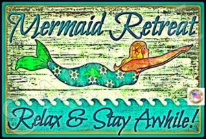 Mermaid Retreat! Made in USA! 8″x12″ All Weather Metal Beach Decor Pool Hot Tub Shed Shed Lounge