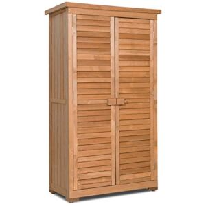 Goplus Outdoor Storage Cabinet, Wooden Garden Shed with Latch & Detachable Shelves & Pitch Roof, Vertical Organizer for Outside Yard Patio Deck