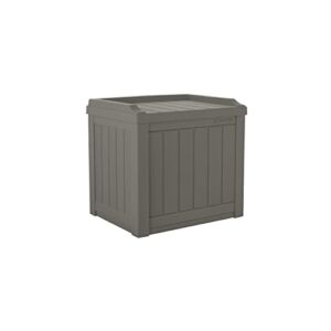 Suncast 22-Gallon Small Deck Box – Lightweight Resin Indoor/Outdoor Storage Container and Seat for Patio Cushions and Gardening Tools – Store Items on Patio, Garage, Yard – Stone Gray