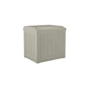 Suncast 22-Gallon Small Deck Box-Lightweight Resin Indoor/Outdoor Storage Container and Seat Cushions and Gardening Tools Store Items on Patio, Garage, Yard, 22 Gallon, Light Taupe