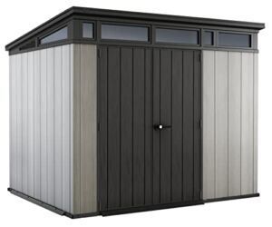 Keter Artisan 9×7 Foot Large Outdoor Shed with Floor with Modern Design for Patio Furniture, Lawn Mower, Tools, and Bike Storage, Grey