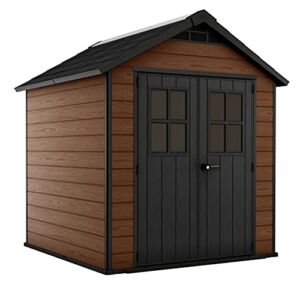 Keter Newton 7.5×7 Large Resin Outdoor Storage Shed Kit – Perfect to Store Patio Furniture, Garden Tools, Bike Accessories, and Lawn Mower, Brown