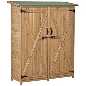 Outsunny Outdoor Storage Cabinet Wooden Garden Shed Utility Tool Organizer with Waterproof Asphalt Rood, Lockable Doors, 3 Tier Shelves for Lawn, Backyard, Natural