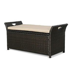Ulax Furniture Outdoor Patio Wicker Storage Bench Box with Cushion (Beige)