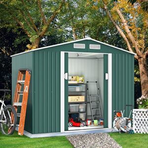 JAXPETY 6.3′ x 9.1′ Large Outdoor Garden Storage Shed, Backyard Steel Utility Tool Shed, Lawn Garage Building Organizer w/Sliding Door, Gable Roof, 4 Vents- Green
