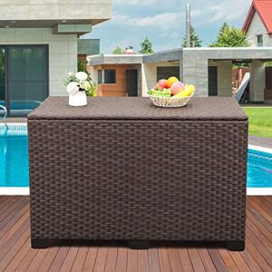 Outdoor Wicker Storage Box, Big Size,Resin Brown Rattan Deck Bin with Lid, 150 Gallon,Water-resistant Liner Container for Patio Gardening Tools, Cushions, Pool Accessory,Pillows