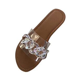 Bravetoshop Women’s Clear Flat Slides Sandals Open Toe Slippers Cute Slip On Summer Shoes (Khaki,11 US)