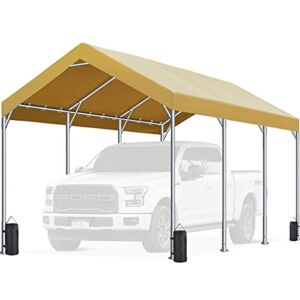 FINFREE 10 x 20 ft Heavy Duty Carport Car Canopy, Garage Shelter for Outdoor Party, Birthday, Garden, Boat, Adjustable Height from 9.5 ft to 11 ft 0range/Beige