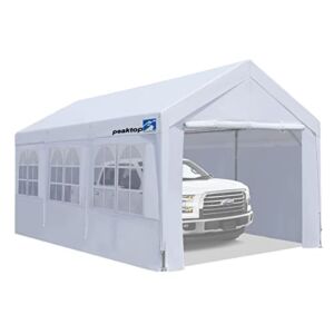 PEAKTOP OUTDOOR 10x20ft Upgraded Heavy Duty Carport with Adjustable Heights from 9.5ft to 11ft,Portable Car Canopy with Removable Sidewalls, Garage Tent, Boat Shelter with Reinforced Triangular Beams