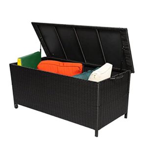 JD Trading Outdoor Wicker Deck Box, 120 Gallon Large Rattan Storage Bin W/ Lid, 2 Universal Wheel, Pneumatic Rod, Steel Frame for Patio Tool, Pillows, Cushions & Toys (Black), 52.36Lx22.24Wx25.39H in