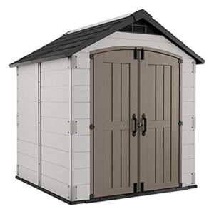 Keter 240536 Resin Outdoor Storage Shed with Extreme Weather Kit, Lockable Double Doors and Fixed Window, Brown