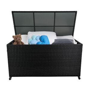 Sundale Outdoor Storage Box with Wheels, 160 Gallon Wicker Patio Deck Boxes with Lid, Outdoor Cushion Storage Container Bin Chest for Kids Toys, Pillows, Towel – Black