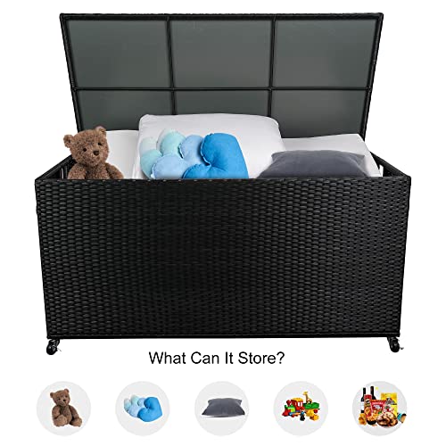 Sundale Outdoor Storage Box with Wheels, 160 Gallon Wicker Patio Deck Boxes with Lid, Outdoor Cushion Storage Container Bin Chest for Kids Toys, Pillows, Towel – Black | The Storepaperoomates Retail Market - Fast Affordable Shopping