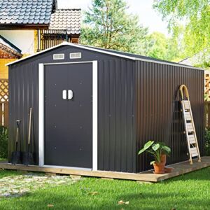 JAXPETY 9.1′ x 10.5′ Large Outdoor Storage Steel Shed with Gable Roof, 4 Vents, a Double Sliding Door, Stable Base, Sturdy, Grey