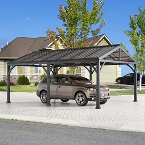AutoCove Carport 14 ft. x 20 ft. Outdoor Gazebo Heavy Duty Garage Car Shelter with Brown Polycarbonate Gable Roof and 2 Ceiling Hooks,Black