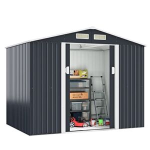 HOGYME 9.1′ x 6.3′ Storage Shed, Sheds & Outdoor Storage with Double Sliding/Lockable Door, Metal Tool Shed for Garden Backyard Patio Lawn, Grey