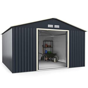 Goplus Storage Shed, Metal 11’ X 10’ Outdoor Building Organizer with 4 Vents & Double Sliding Door for Garden Backyard Farm (11’X10′)