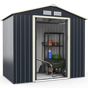 Goplus Storage Shed, Metal 7’ X 4’ Outdoor Building Organizer with 4 Vents & Double Sliding Door for Garden Backyard Farm (7’X4′)