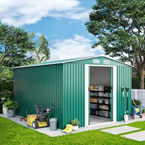 10 x 8 Shed Outdoor Storage Shed, Galvanized Metal Garden Shed with Air Vent and Slide Door, Tool Storage Backyard Shed Bike Shed, Tiny House Garden Tool Storage for Backyard Patio Lawn