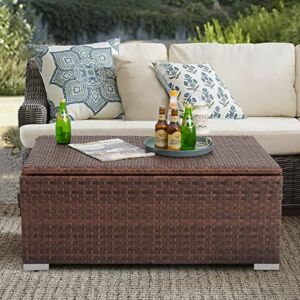 DIMAR GARDEN Outdoor Coffee Table with Storage, Patio Wicker Storage Table with Waterproof Cover, 42 Gallon Mixed Brown