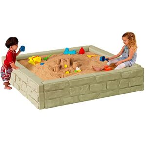 Modern Home 4ft x 4ft All Weather Stone Outdoor Sandbox Kit w/Cover – Sand Play Box w/Liner (Beige)