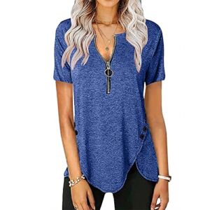 Tops to Hide Belly for Women,Womens Casual Asymmetrical Zipper V-Neck Solid Color Short Sleeve Loose Top T-Shirt