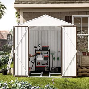 Rophefx 6′ x 4′ Outdoor Metal Storage Shed with Floor Frame, Outside Waterproof Tool Shed, Steel Garden Shed with Double Lockable Door for Backyard, Patio, Lawn, White & Brown