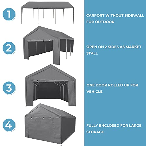 ASTEROUTDOOR 12×20 Feet Heavy Duty Carport with Removable Sidewalls & Doors Portable Garage Car Canopy Boat Shelter Tent for Party, Wedding, Garden Storage Shed 8 Legs, Gray | The Storepaperoomates Retail Market - Fast Affordable Shopping
