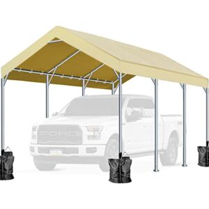 FINFREE 10 x 20 ft Heavy Duty Carport Car Canopy, Garage Shelter for Outdoor Party, Birthday, Garden, Boat, Adjustable Height from 9.5 ft to 11 ft,Beige
