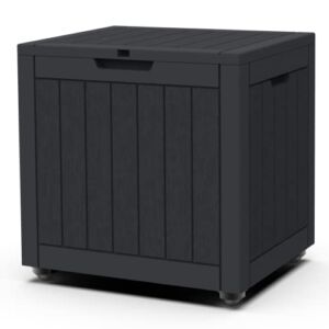 Realife Deck Box 30 Gallon with Wheels, Small Outdoor Storage Delivery Box for Patio and Pool, Resin, Black