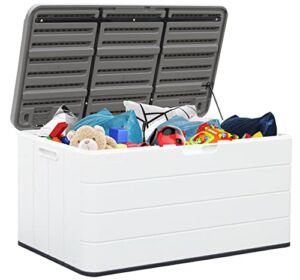 Large Outdoor Storage Deck Box Waterproof, Resin Patio Storage for Outdoor Pillows, Garden Tools and Pool Toys, Lockable (Off-white)