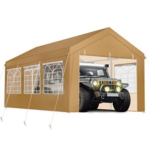 10’x20′ Deluxe Metal Carport Garage Car Canopy, Height Adjustable Heavy Duty Car Shelter with Folding Windows, Portable Garage