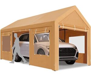 SARORRA Carport, 10’x20′ Heavy Duty Carport with Roll-up Ventilated Windows, Portable Garage with Removable Sidewalls & Doors for Car, Truck, Boat, Wedding Party, Outdoor Camping, UV Resistant (Beige)
