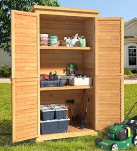 Gizoon Outdoor Storage Cabinet with 3 Shelves, Double Lockable Wooden Garden Shed with Waterproof Roof, Outside Vertical Tall Tool Shed for Yard Patio Lawn Deck