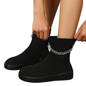 Platform Fashion Sneakers Ankle Boots For Women Casual Metal Chain Design Knitted Socks Slip On High Top Flats Non Slip Ankle Booties Walking Shoes Mid Calf Short Boots For Riding Outdoor Sports