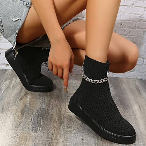 Platform Fashion Sneakers Ankle Boots For Women Casual Metal Chain Design Knitted Socks Slip On High Top Flats Non Slip Ankle Booties Walking Shoes Mid Calf Short Boots For Riding Outdoor Sports | The Storepaperoomates Retail Market - Fast Affordable Shopping